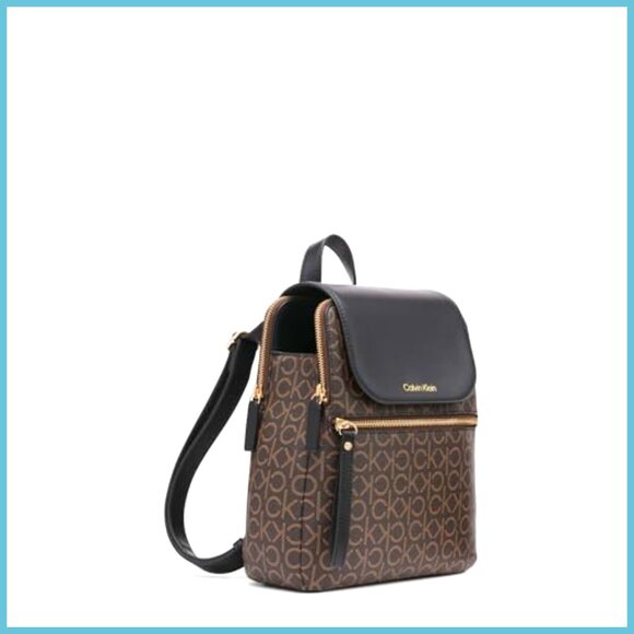 PVC Monogram Flap Backpack with Multiple Compartments and Pockets